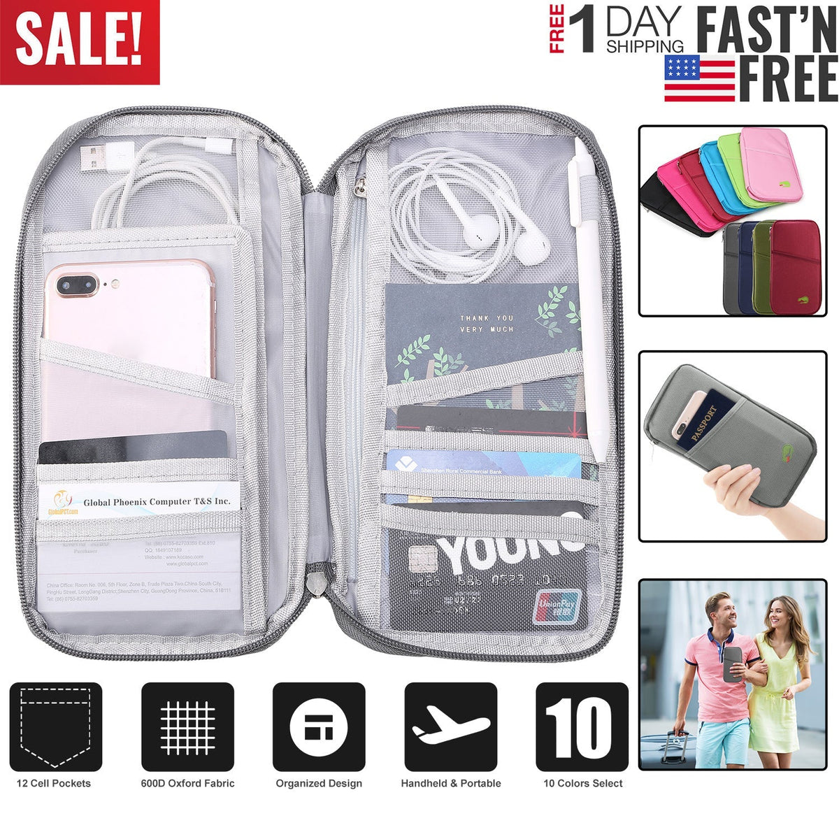 Travel Passport Wallet 12Cells Ticket ID Credit Card Holder Water Repellent Documents Phone Organizer Zipper Case Business Trip Daily Use