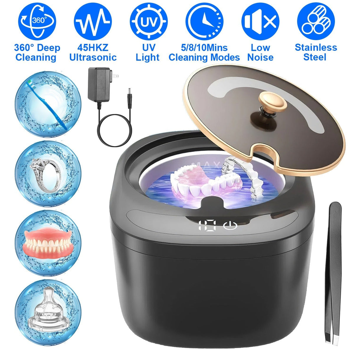 Ultrasonic Retainer Cleaner 45kHz Ultrasonic Cleaning Machine with 3 Modes 230ML Capacity UV Light for Denture Mouth Guard Aligner Dental Trays Braces