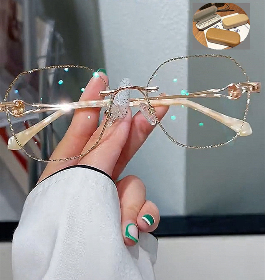 Champagne Gold Frameless Polygon Anti-blue Light Women's Reading Glasses
