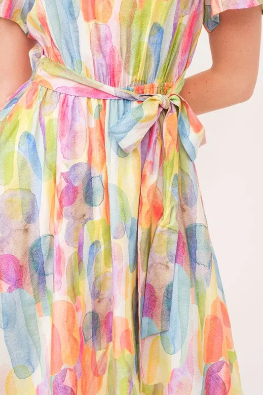 Lime 'N' Chili Watercolor Print Tie Front Midi Dress