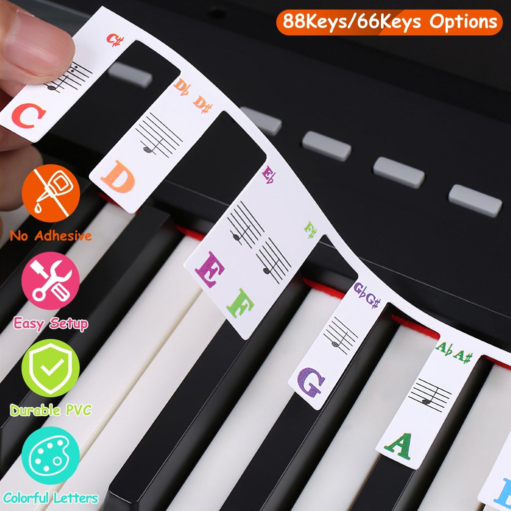 88-Key Piano Keyboard Stickers Removable Piano Key Labels PVC Piano Notes Guide without Glue for Beginners Kids