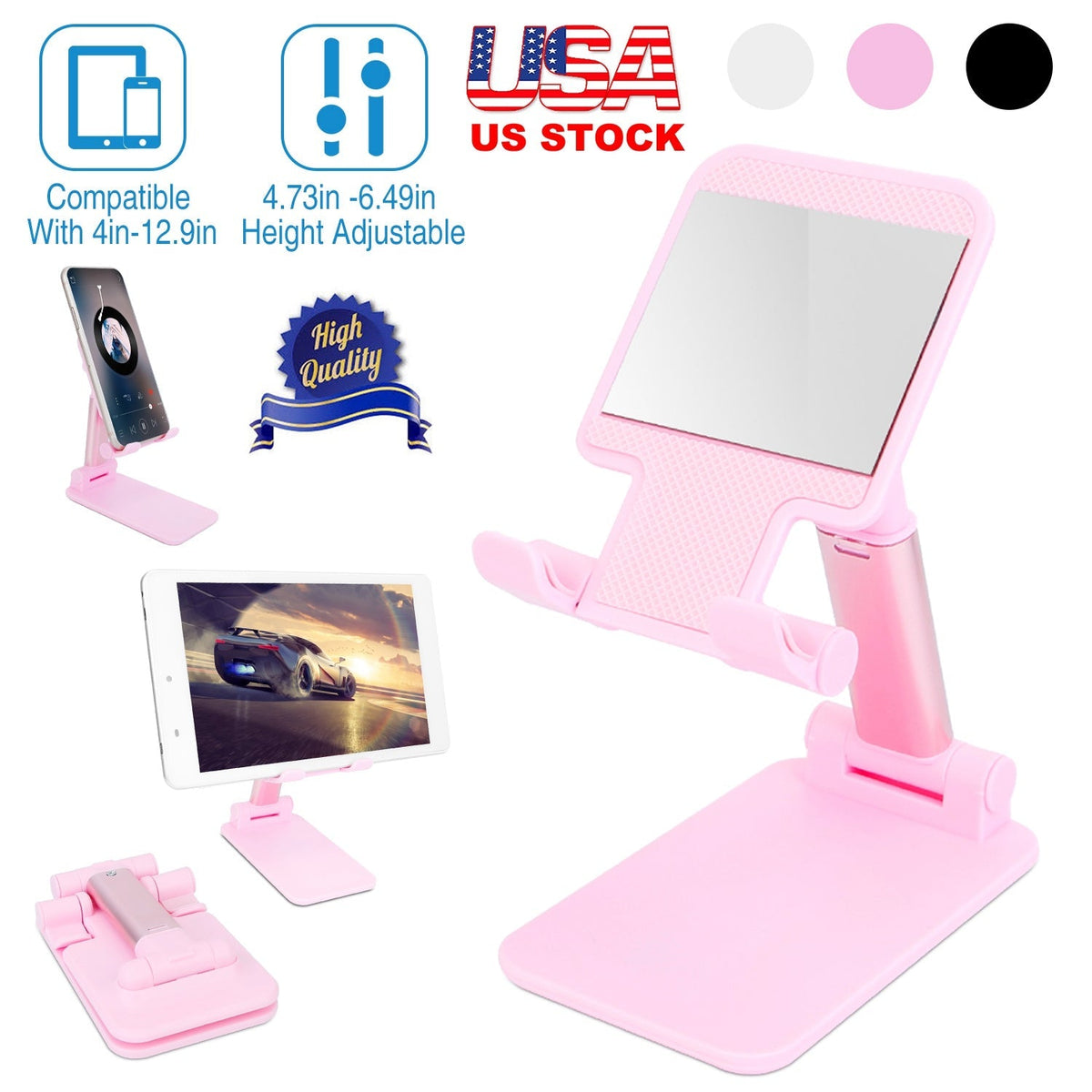Foldable Desktop Phone Stand Angle Height Adjustable Tablet Holder Cradle Dock w/ Mirror Fit For 4-12.9in Device