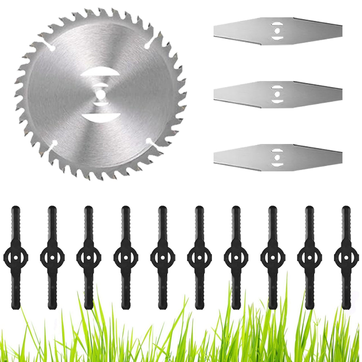 14Pcs Grass Trimmer Blades Accessories Weed Cutter Attachments 10Pcs 5.35In Plastic Blades 3Pcs 6In Stainless Steel Blades 1Pc 4In/6In Alloy Saw Blade