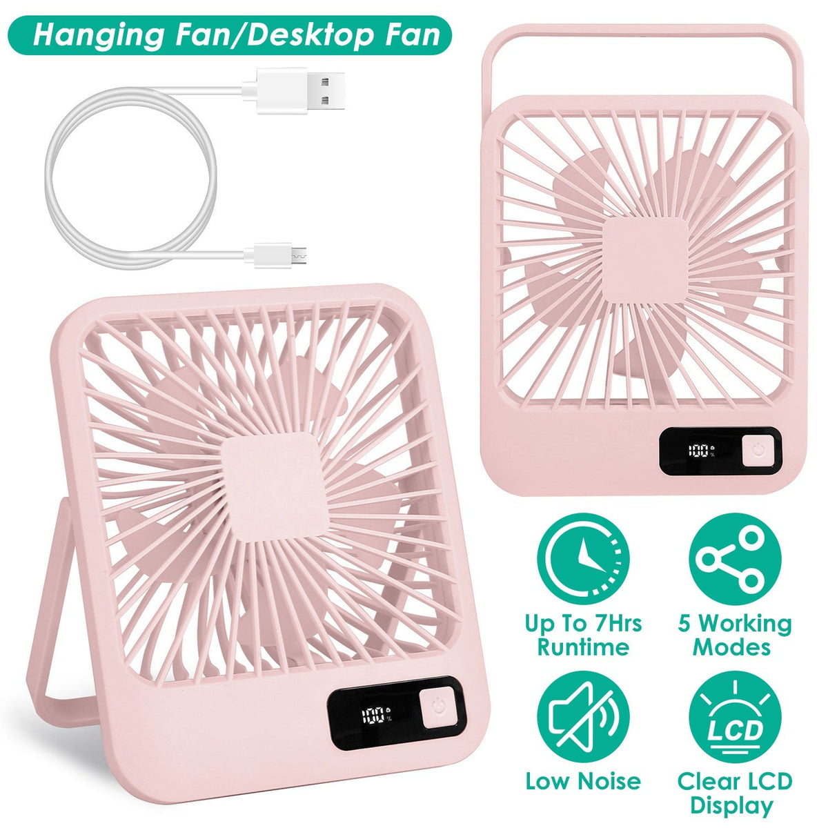 Mini Desktop Cooling Fan Rechargeable Battery Powered Personal Fan Speed Adjustment Strong Airflow Quiet Travel Fan with LCD Display for Home Office T