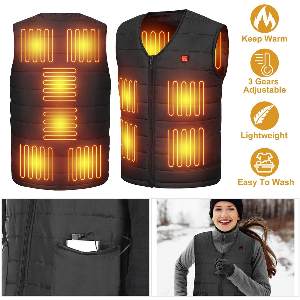 Heat Jacket Vest 3 Heating Gear Adjustable USB Heated Vest Warm Heat Coat Vest with 10 Heating Pads For Men Women Winter Outdoor Activity
