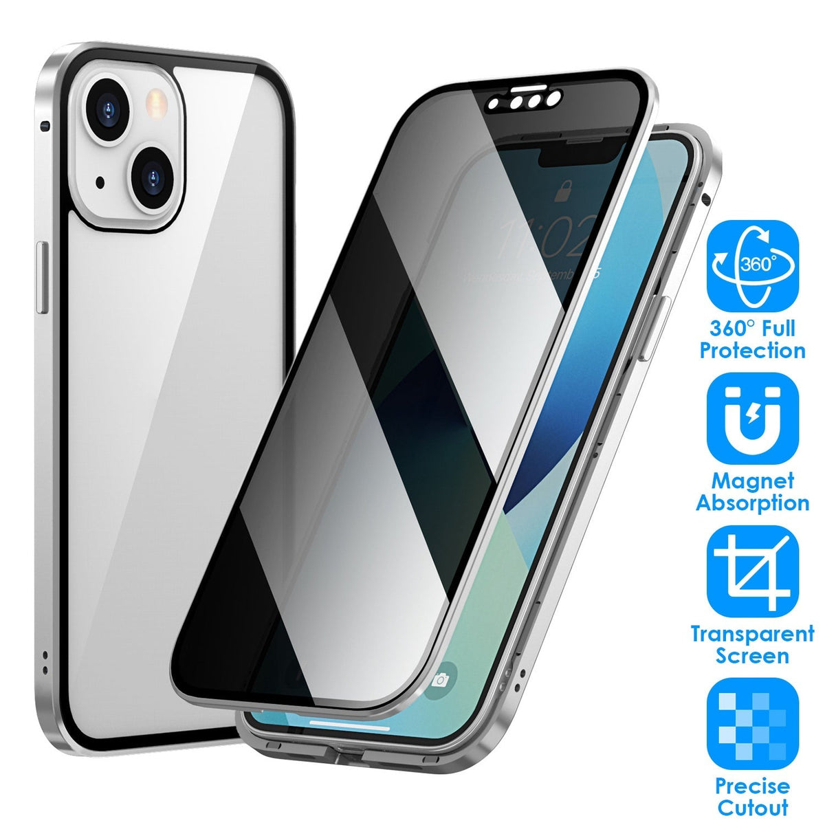 Privacy Magnetic Phone Case 360¡ Full Protection Anti Spy Phone Cover Double Sided Tempered Glass Magnet Absorption Fit for IOS Phone 14 Pro