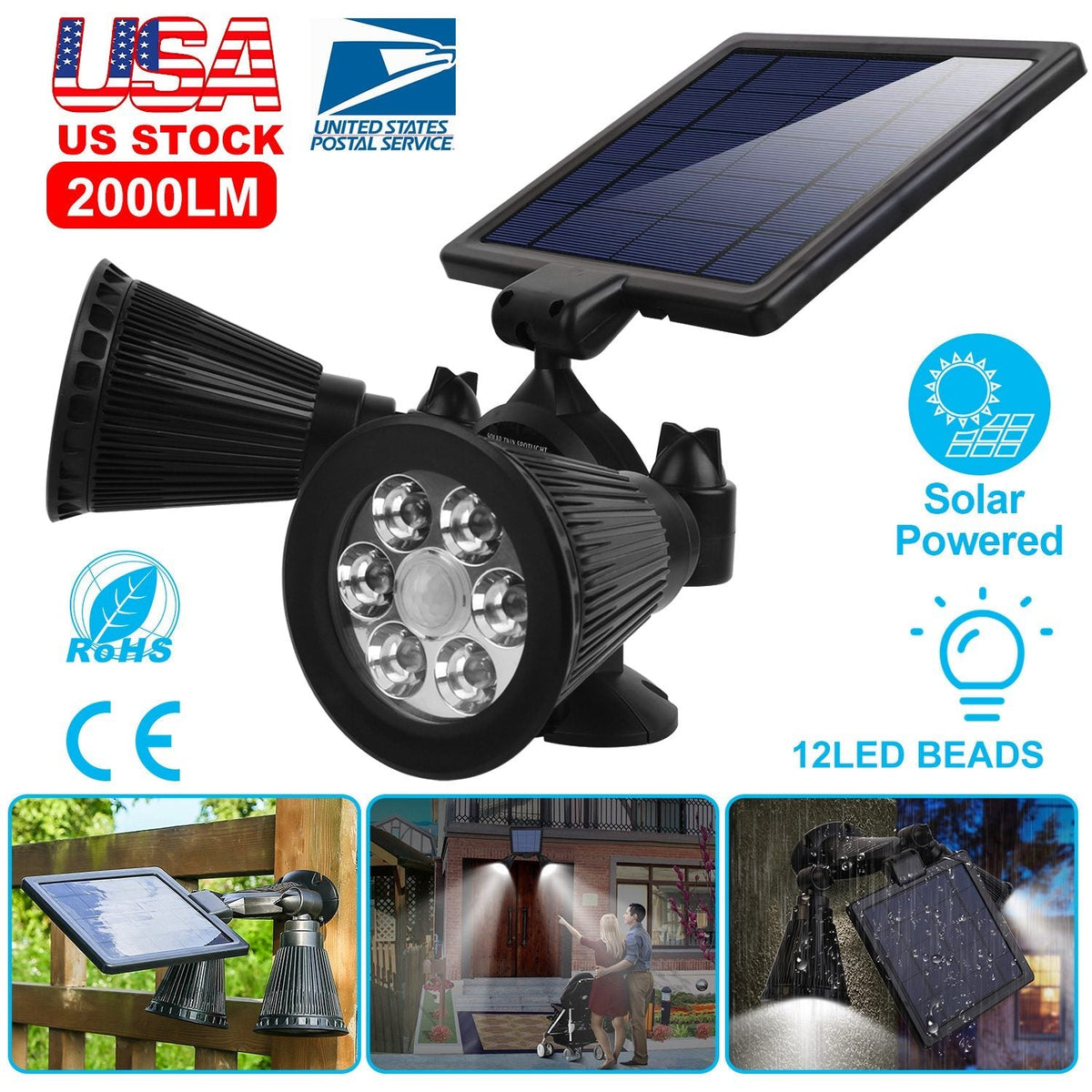 Solar Lights Outdoor Solar Power Motion Sensor Spotlights 2000lm Security Lights w/ Dual Head 360¡ Rotatable IP44 Wall Lights Garden Garage Driveway