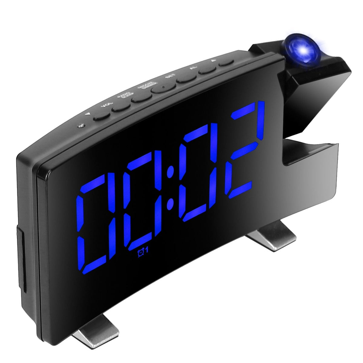 Projection Alarm Clock with Radio Function 7.7In Curved-Screen LED Digital Alarm Clock w/ Dual Alarms 4 Dimmer 12/24 Hour USB Charging Port 180¡ Rotat