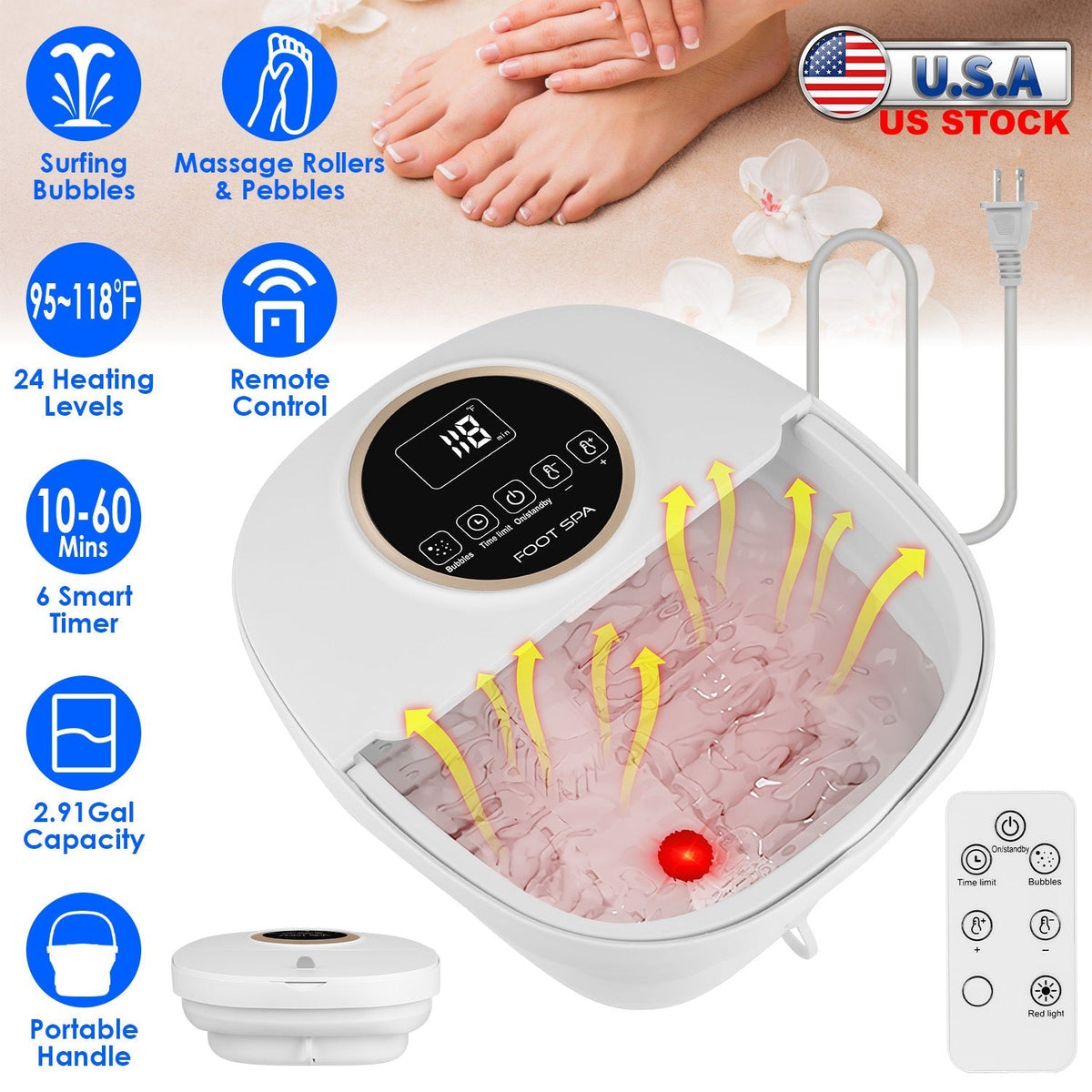 Collapsible Foot Spa Massager Electric Foldable Foot Soaker Tub with Remote Control Handle Surfing Bubbles 24 Heating Levels 6 Timer 6 Massage Rollers