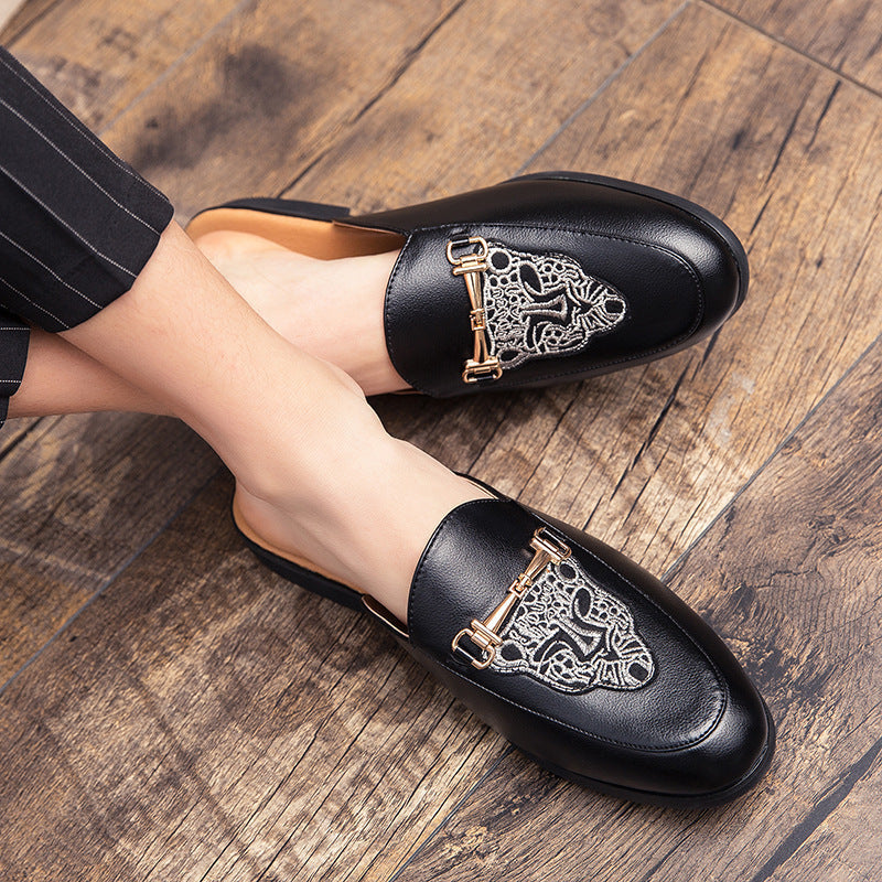 Men's Closed Toe Half Slippers: Bright Leather, Fashion Embroidery