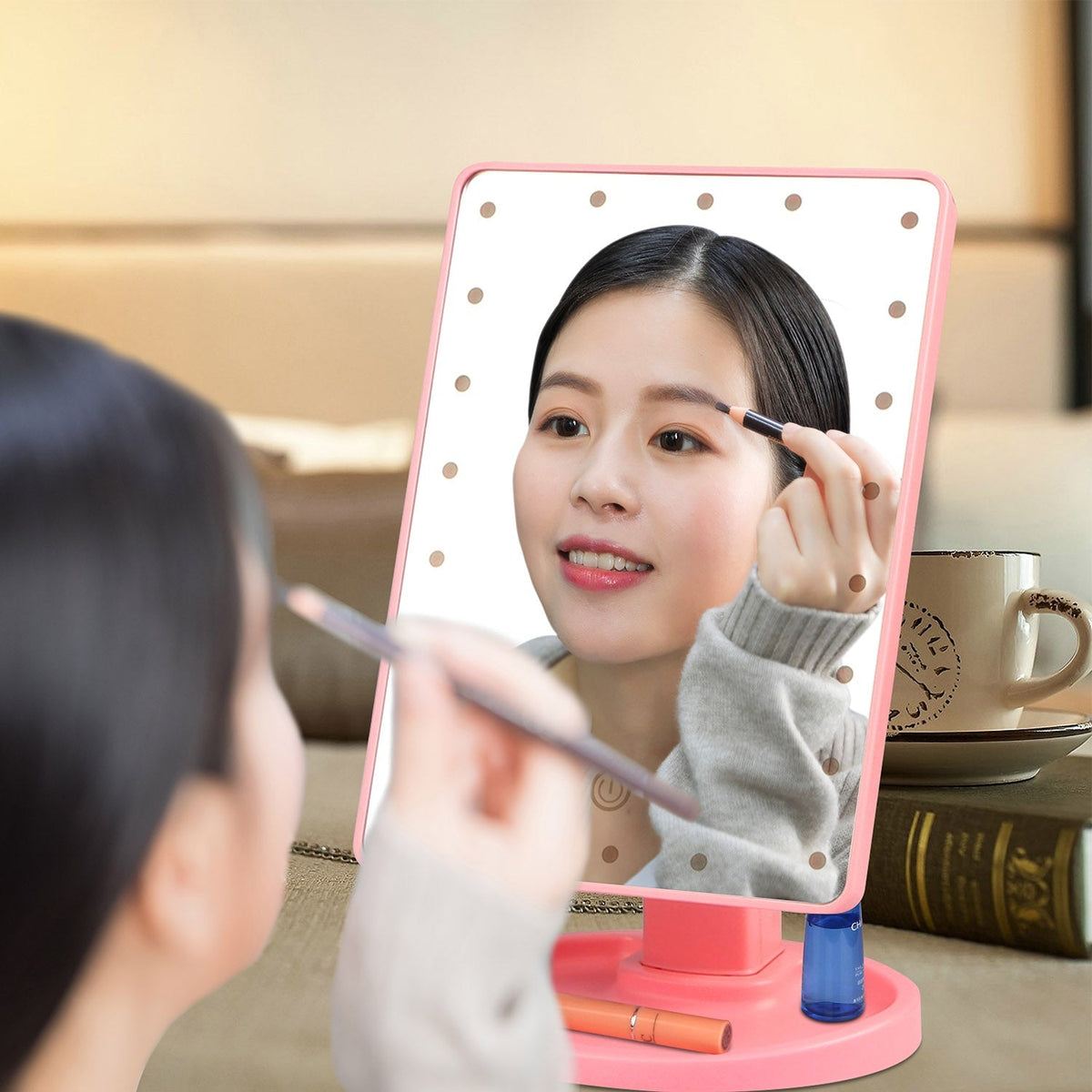 22 LED Lights Rechargeable Cosmetic Mirror 180¡ Rotation Makeup Mirror Touch Control Dimmable Vanity Mirror