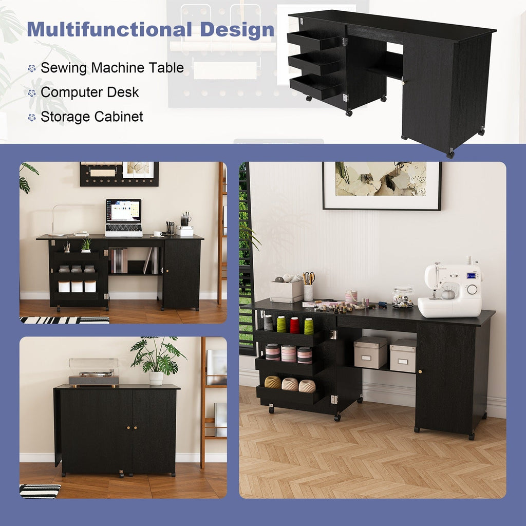 57.5" Foldable Sewing Machine Table with Storage & Casters