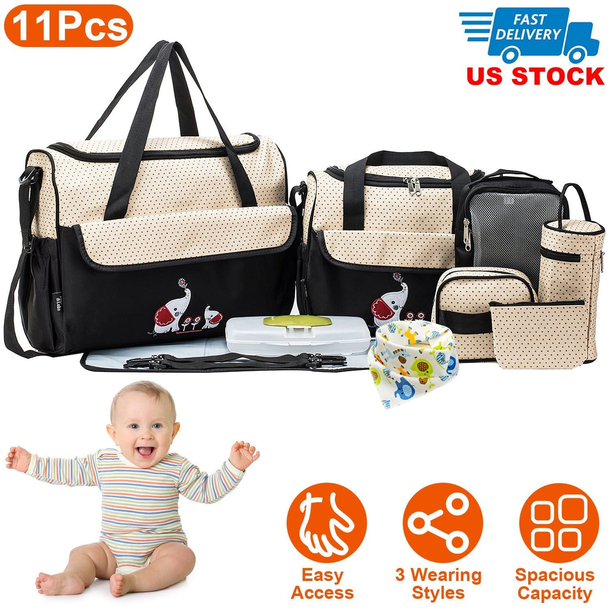 11Pcs Baby Nappy Diaper Bags Set for Mom Dad Mummy Shoulder Bags Multifunctional Diaper Handbags with Food Bag Bottle Bag Diaper Pad Burp Cloth 2 Hook