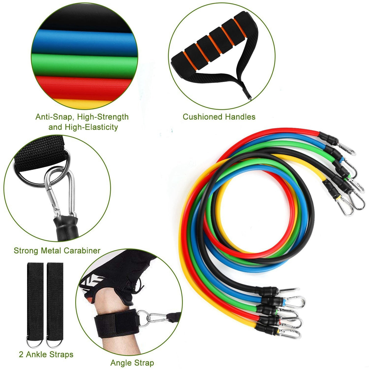 11Pcs Resistance Bands Set Fitness Workout Tubes Exercise Tube Bands Up to 100lbs w/ Door Anchor Handles Ankle Straps for Physical Training Yoga Pilat