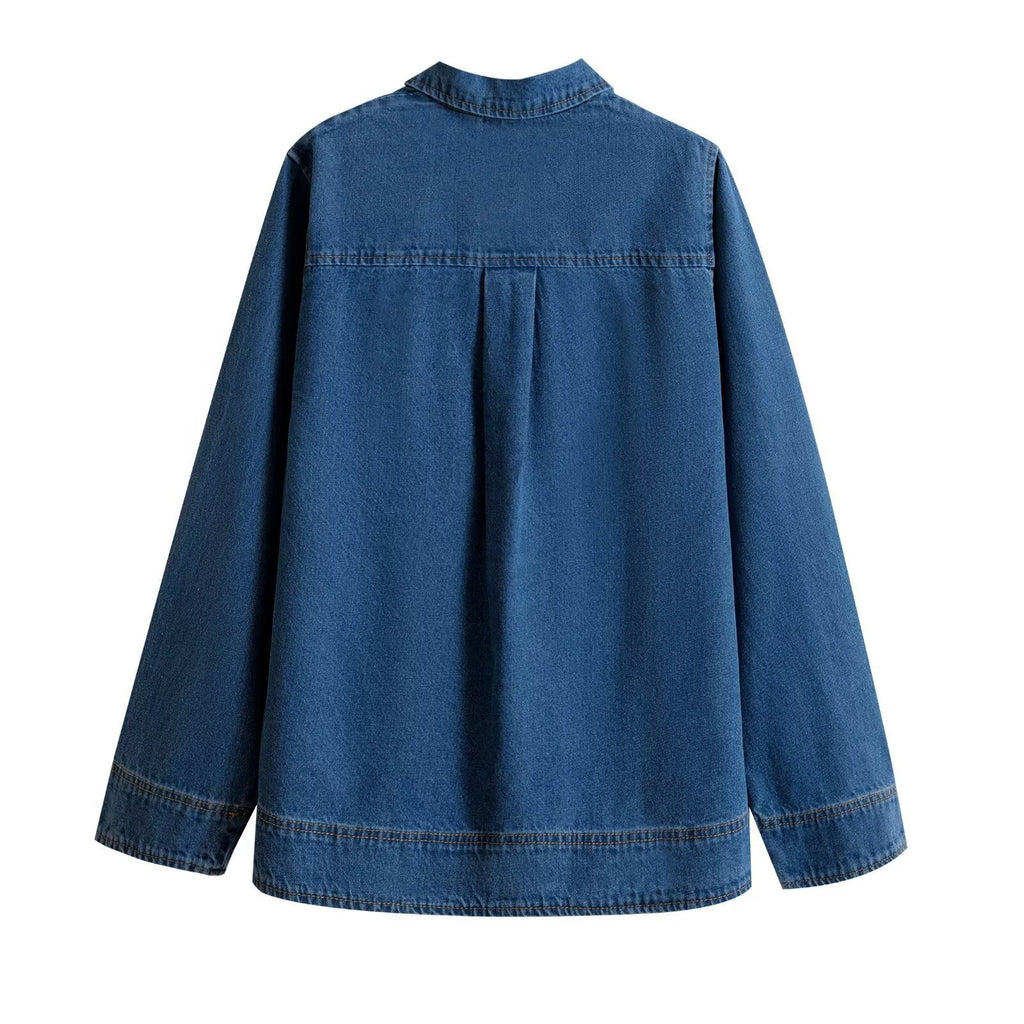 Fashionable retro long sleeved lapel denim shirt top