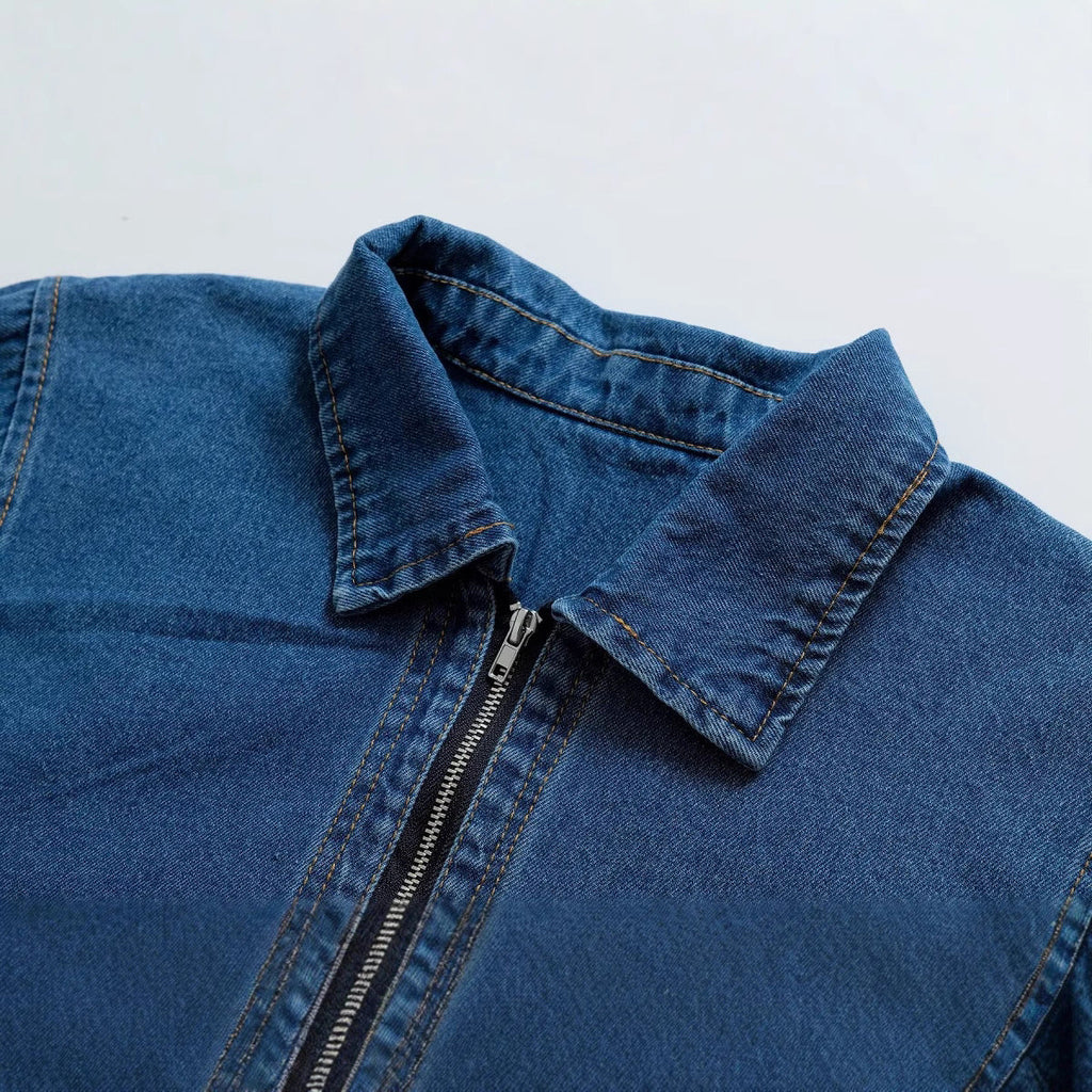 Fashionable retro long sleeved lapel denim shirt top