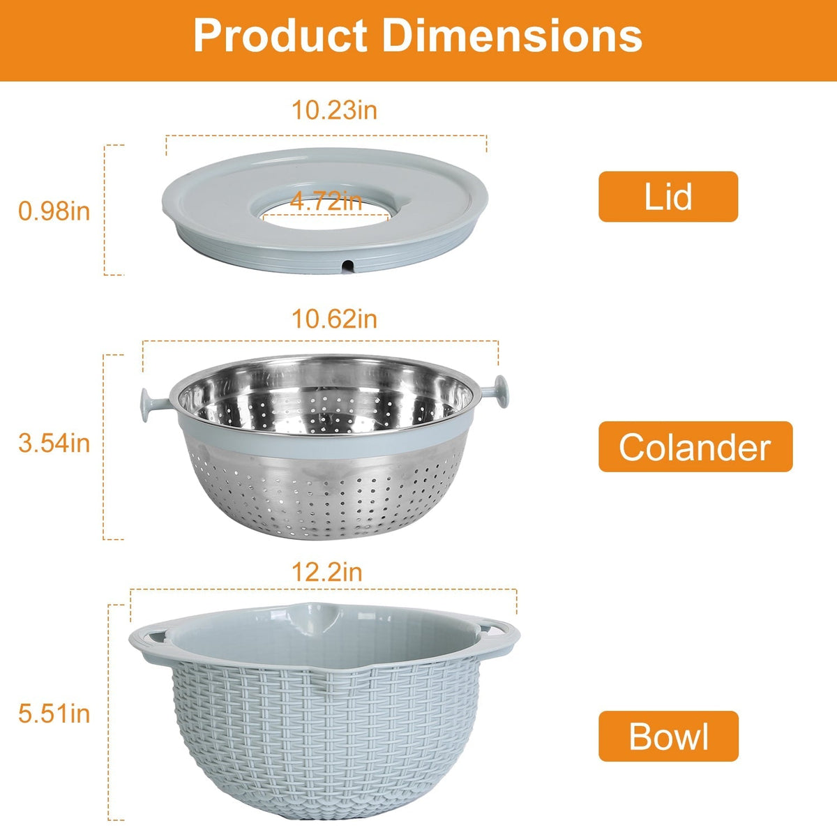 Multifunctional Mixing Bowl with Lid Set 3 Replaceable Graters Food Strainer and Colander Fruit Vegetable Washing Basket Stainless Steel