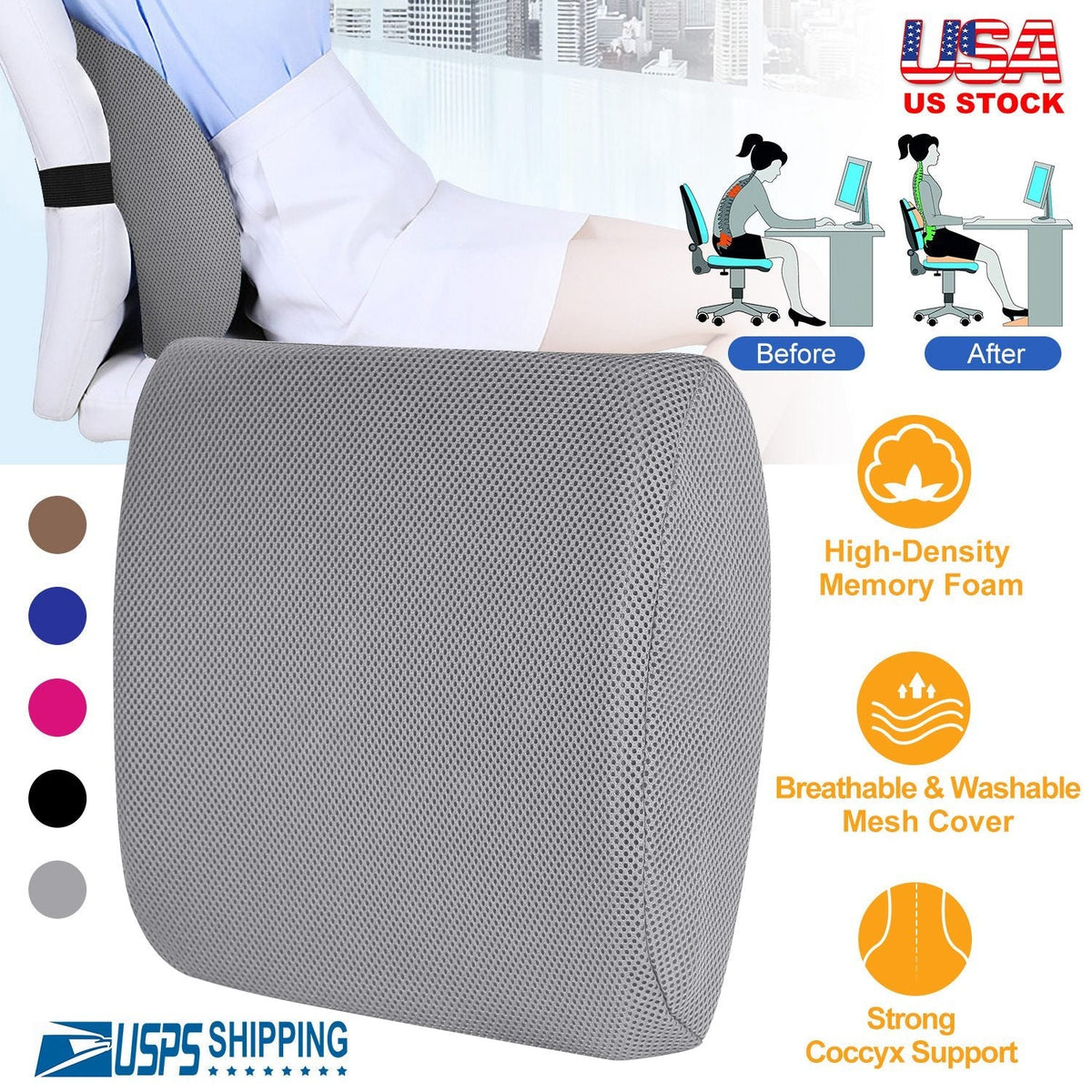 Lumbar Support Pillow Memory Foam Back Cushion with 3D Mesh Cover for Car Office Chair