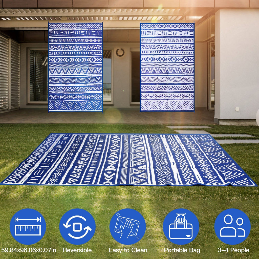 4.98x8FT Reversible Outdoor Rug Waterproof Mat with Storage Bag Portable Plastic Carpet Indoor Outdoor Activity for Picnic Patio Deck RV Trip Blue & W