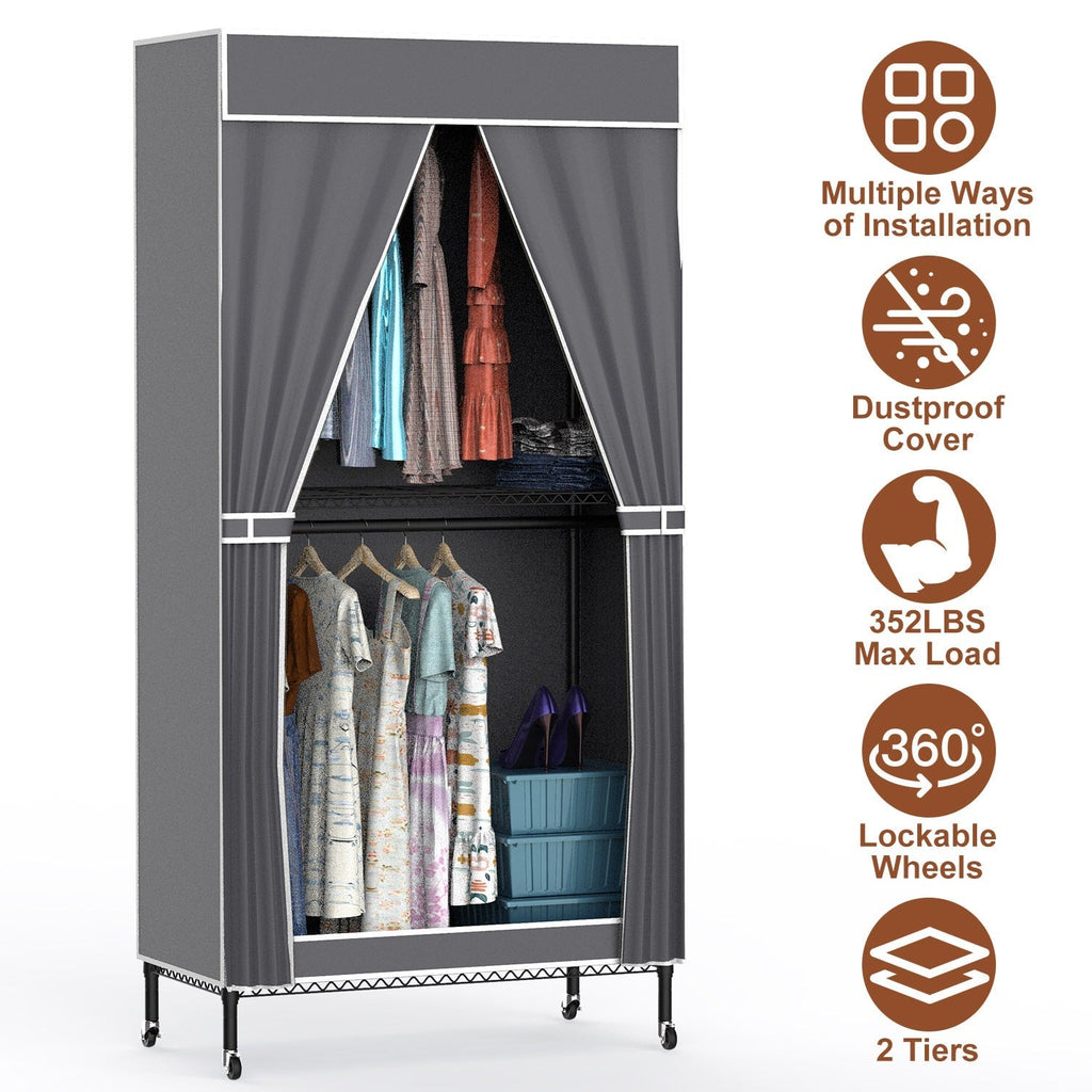 2 Tier Clothing Rack With Cover Portable Wardrobe Closet Covered Garment Rack with 4 Wheels 2 Hanging Rods 2 Hook Racks 35.43x17.13x72.44in