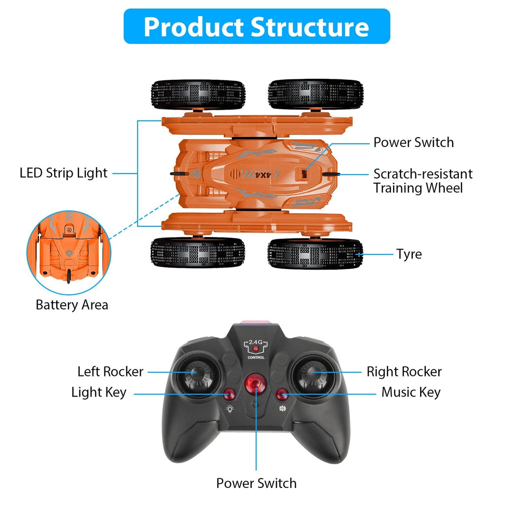 Kid Driving RC Stunt Car 7 Color Strip Light Dynamic Music Swing Arm Double-sided   Rolling Remote Control Car Off Road 2.4GHz 4WD Rechargeable Racing