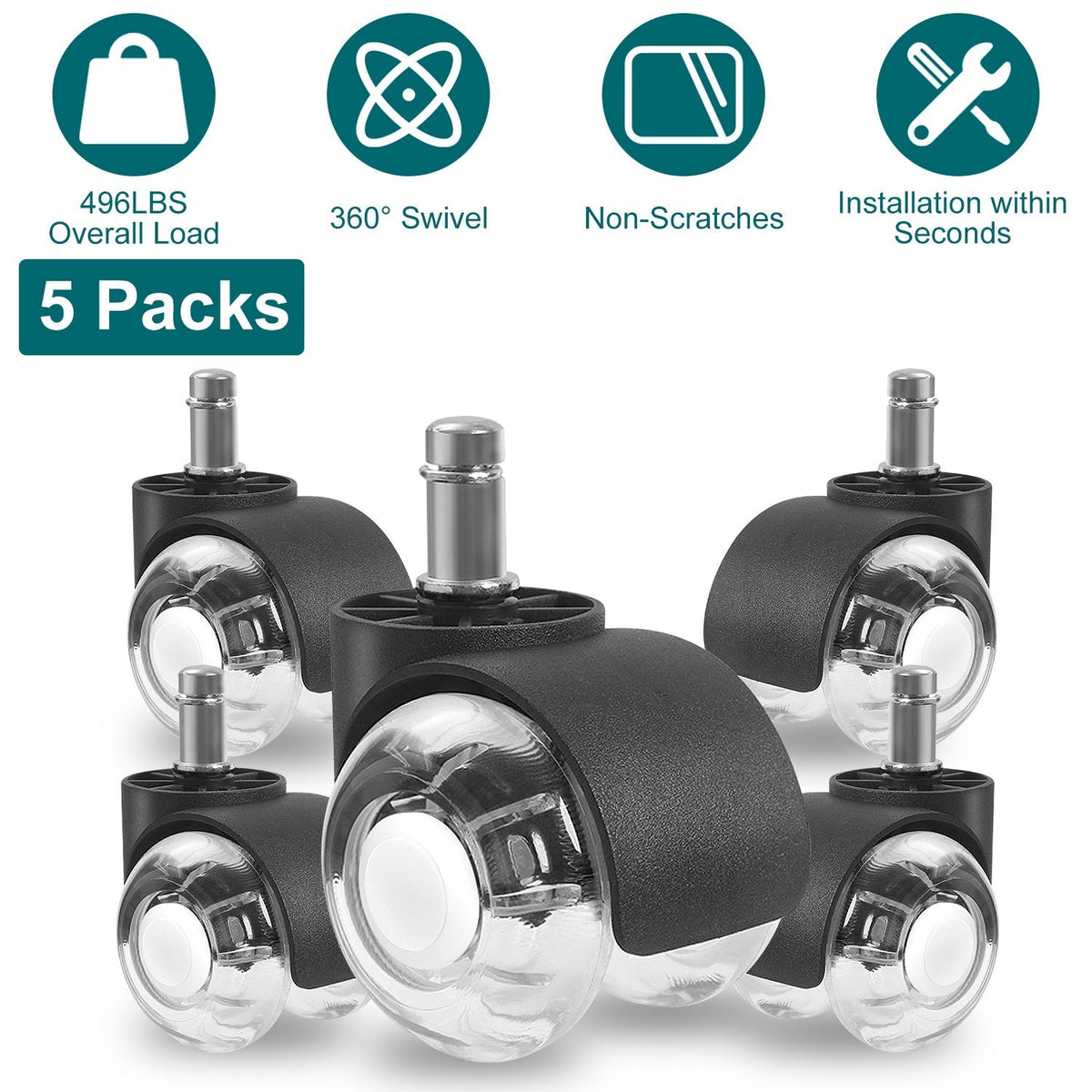 5Pcs Office Chair Wheels Polyurethane Rolling Caster Replacement for Hardwood Floor Carpet Universal Fit 496LBS Max Load