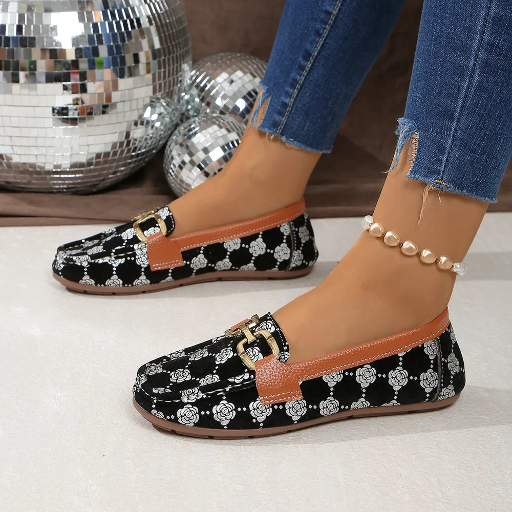 Floral PU Leather Flat Loafers