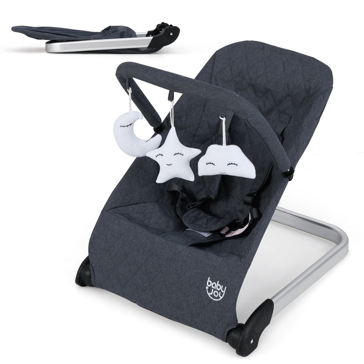 Foldable Baby Bouncer with Removable Fabric Cover and Toy Bar-Black