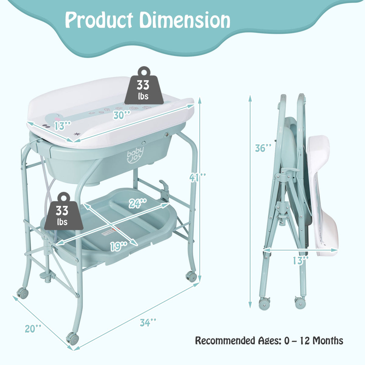 Folding Baby Changing Table with Bathtub and 4 Universal Wheels-Blue