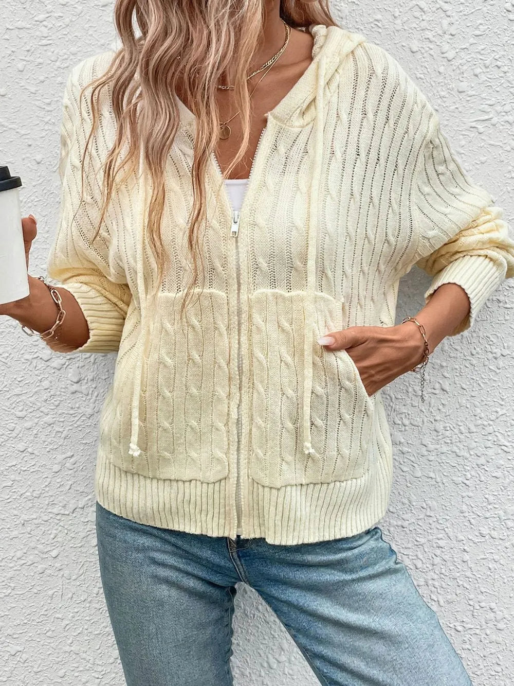 Hooded Twisted Flower Solid Color Sweater Cardigan