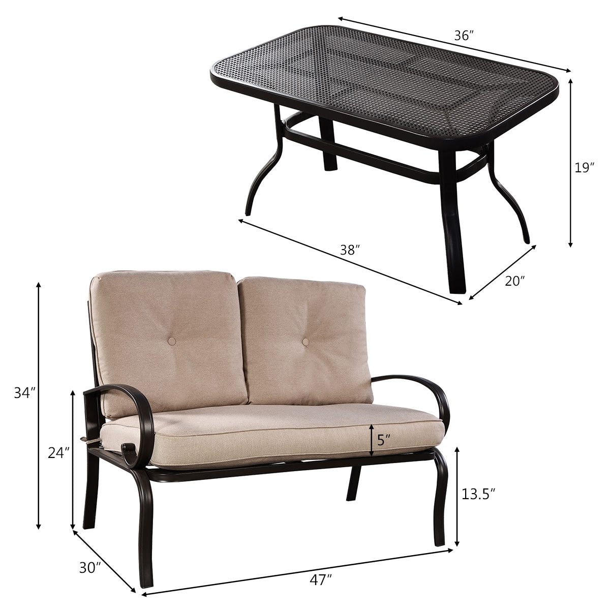 2 Pieces Patio Outdoor Cushioned Coffee Table Seat