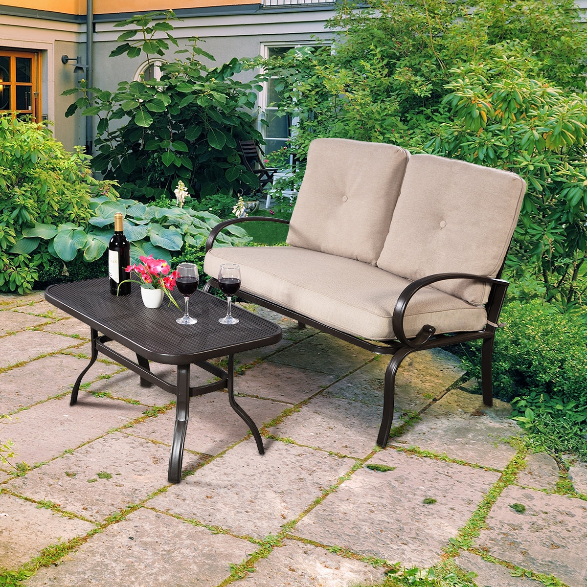2 Pieces Patio Outdoor Cushioned Coffee Table Seat