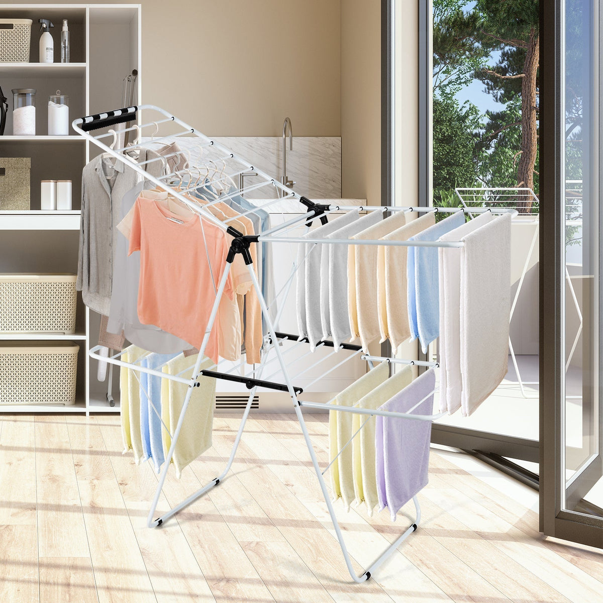 2-Tier Foldable Clothes Drying Rack with Adjustable Gullwing