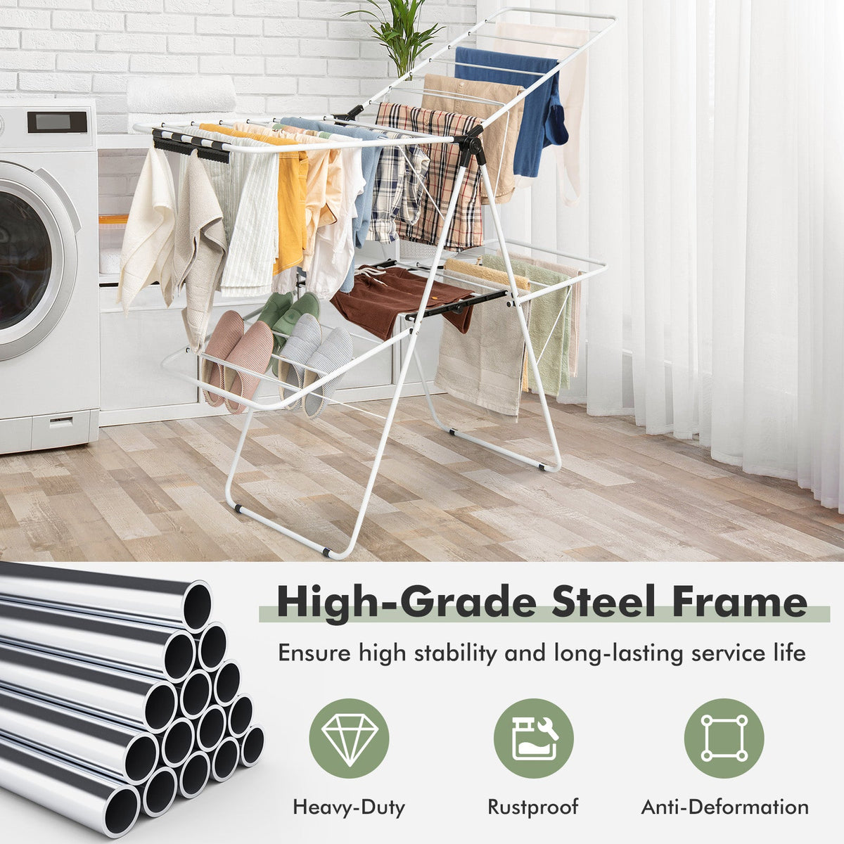 2-Tier Foldable Clothes Drying Rack with Adjustable Gullwing