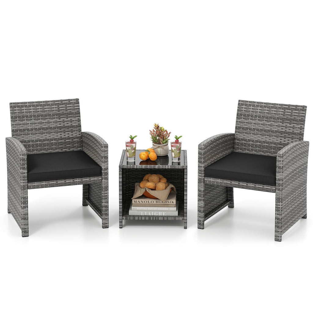 3 Pieces Patio Furniture Set with Tempered Glass Coffee Table and Soft Seat Cushions