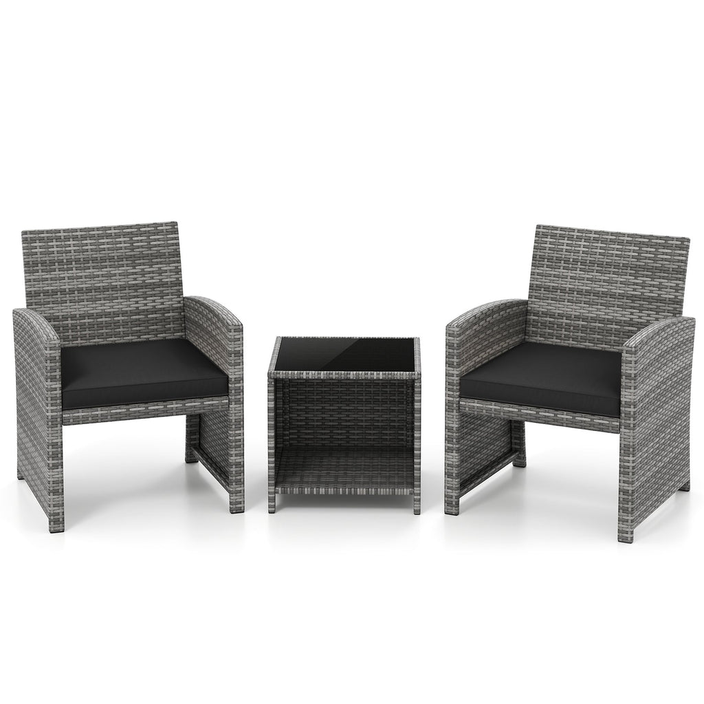 3 Pieces Patio Furniture Set with Tempered Glass Coffee Table and Soft Seat Cushions
