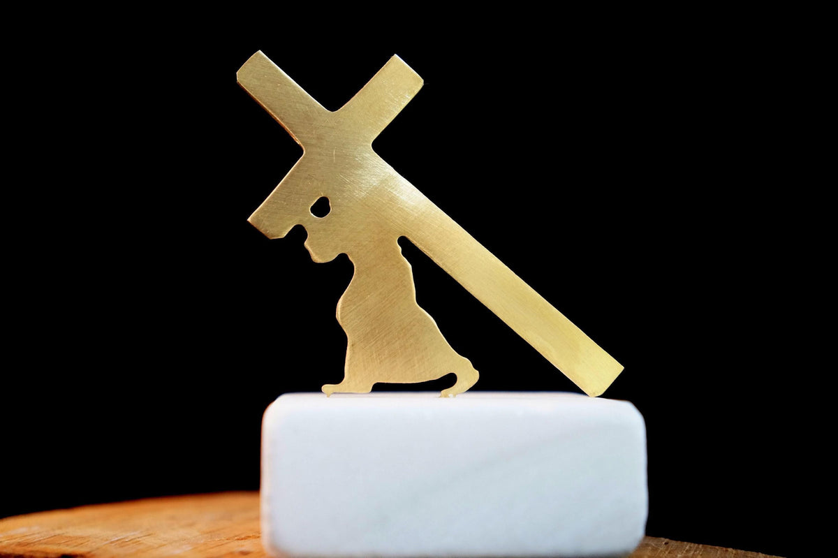 Cross Statue: Minimal Gold Religious Decor (Marble Base Sculpture)