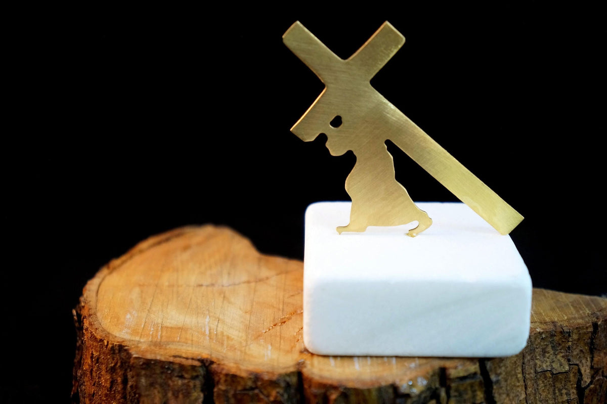 Cross Statue: Minimal Gold Religious Decor (Marble Base Sculpture)