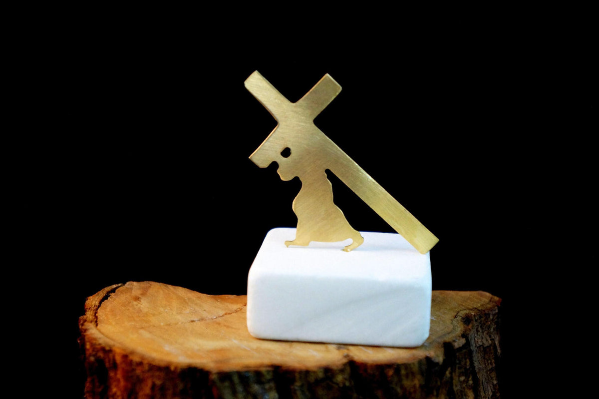 Cross Statue: Minimal Gold Religious Decor (Marble Base Sculpture)