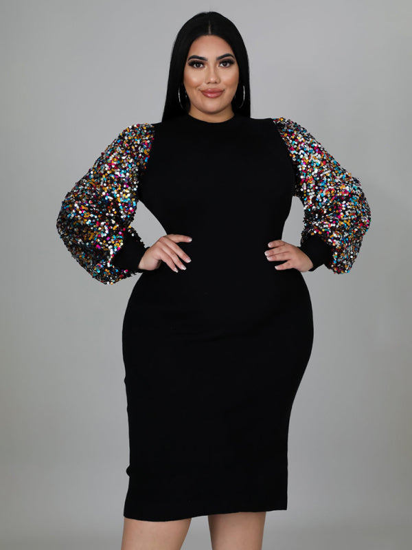 Modern Plus Size Ladies Sexy Solid Color Sequin Puff Sleeve Dress