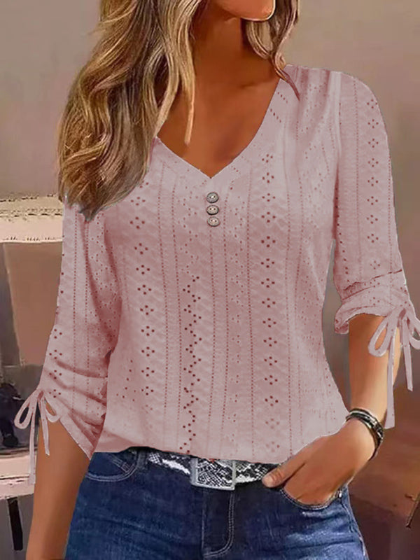 Modern Women's Modern Solid Color Jacquard Button Long Sleeve T-Shirt Top