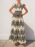 Modern style holiday style printed dress ethnic casual V-neck high waist flying sleeve long dress
