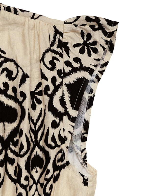 Modern style holiday style printed dress ethnic casual V-neck high waist flying sleeve long dress
