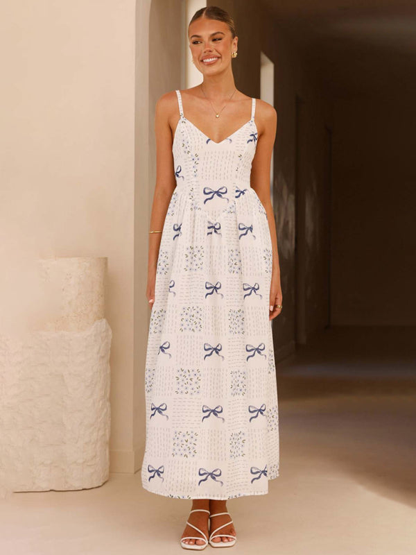 Modern V-neck waist holiday backless bow print dress