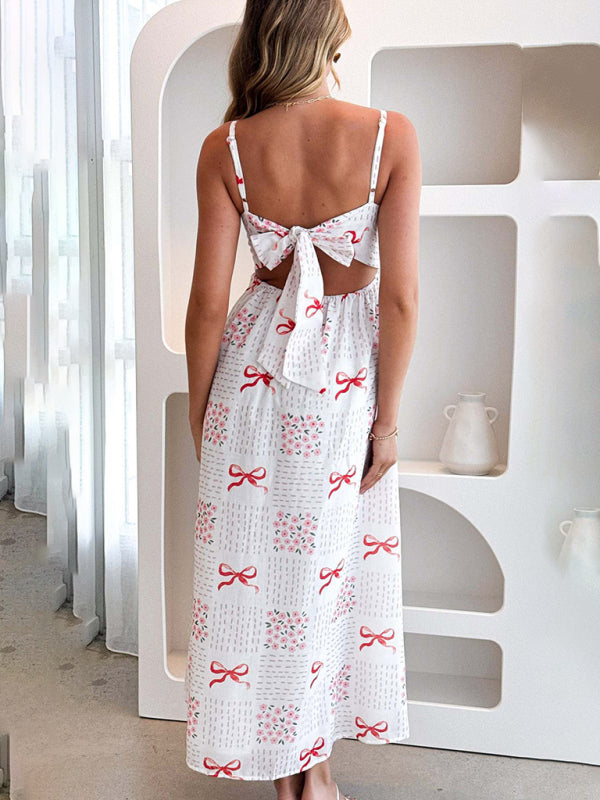 Modern V-neck waist holiday backless bow print dress