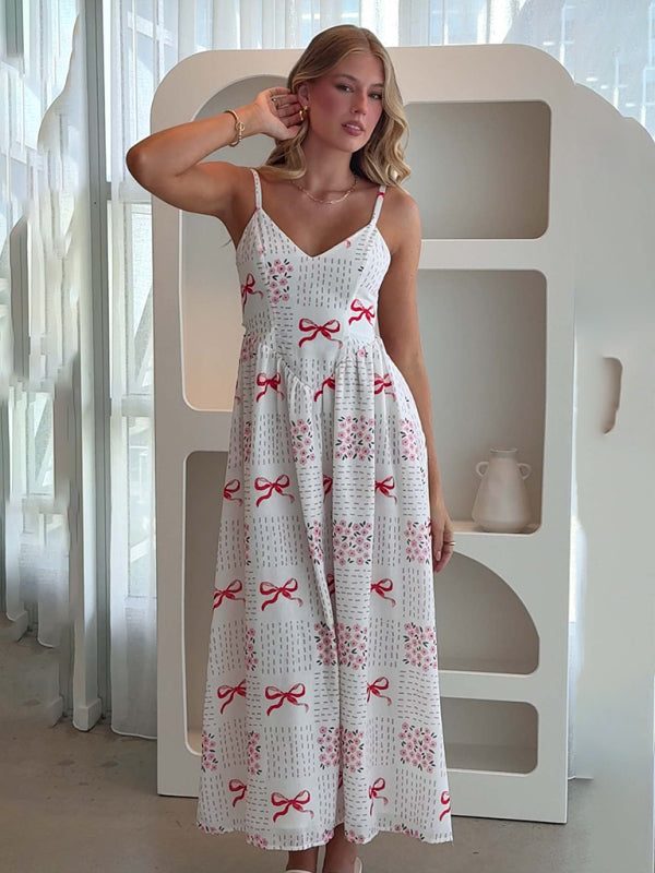 Modern V-neck waist holiday backless bow print dress