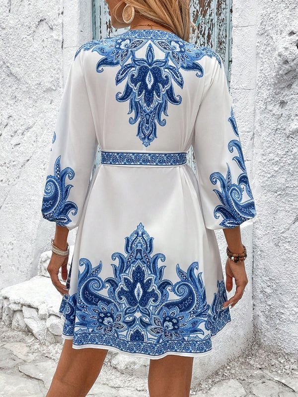Modern Printed V-Neck Three-Quarter Sleeve Tie-Waist Dress