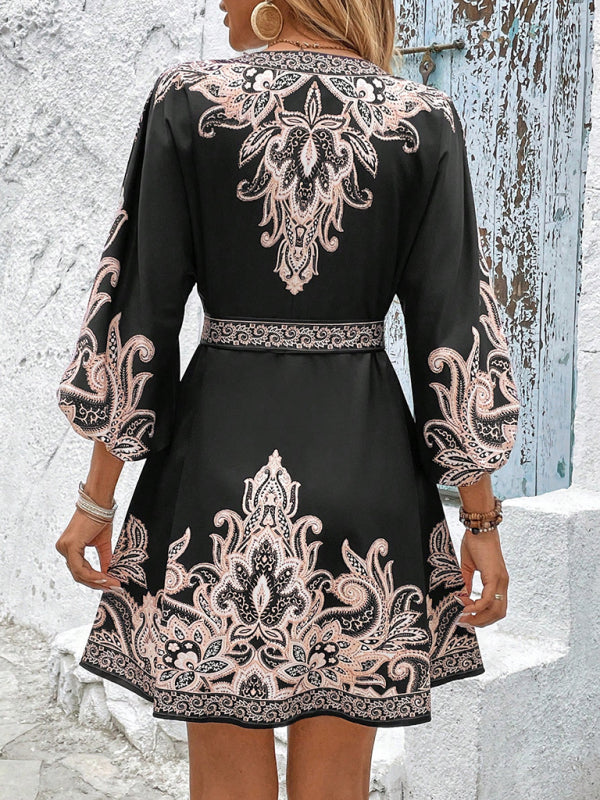 Modern Printed V-Neck Three-Quarter Sleeve Tie-Waist Dress