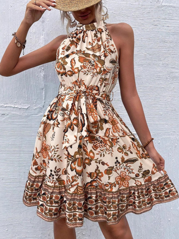 Fashion floral waist halter neck dress