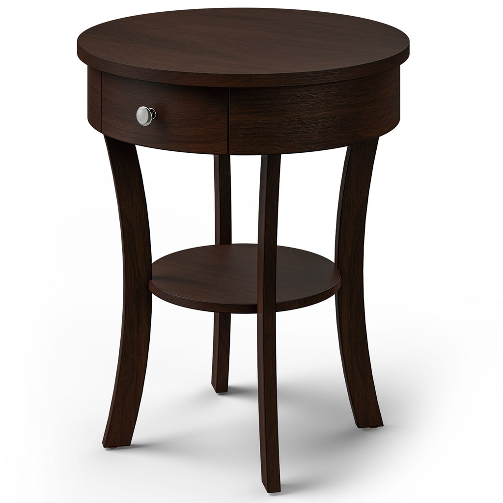 2-Tier Wood Round End Table with Open Drawer-Black